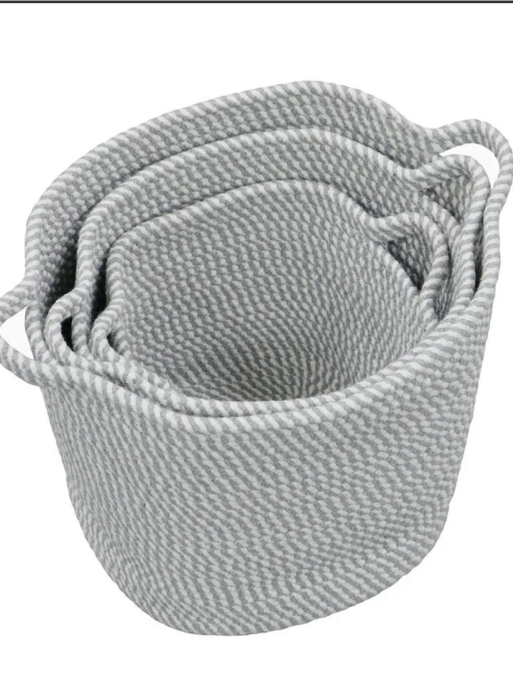 JVL Edison Gray /White Woven Rope Storage 3  Nesting Baskets with Handles Cotton
